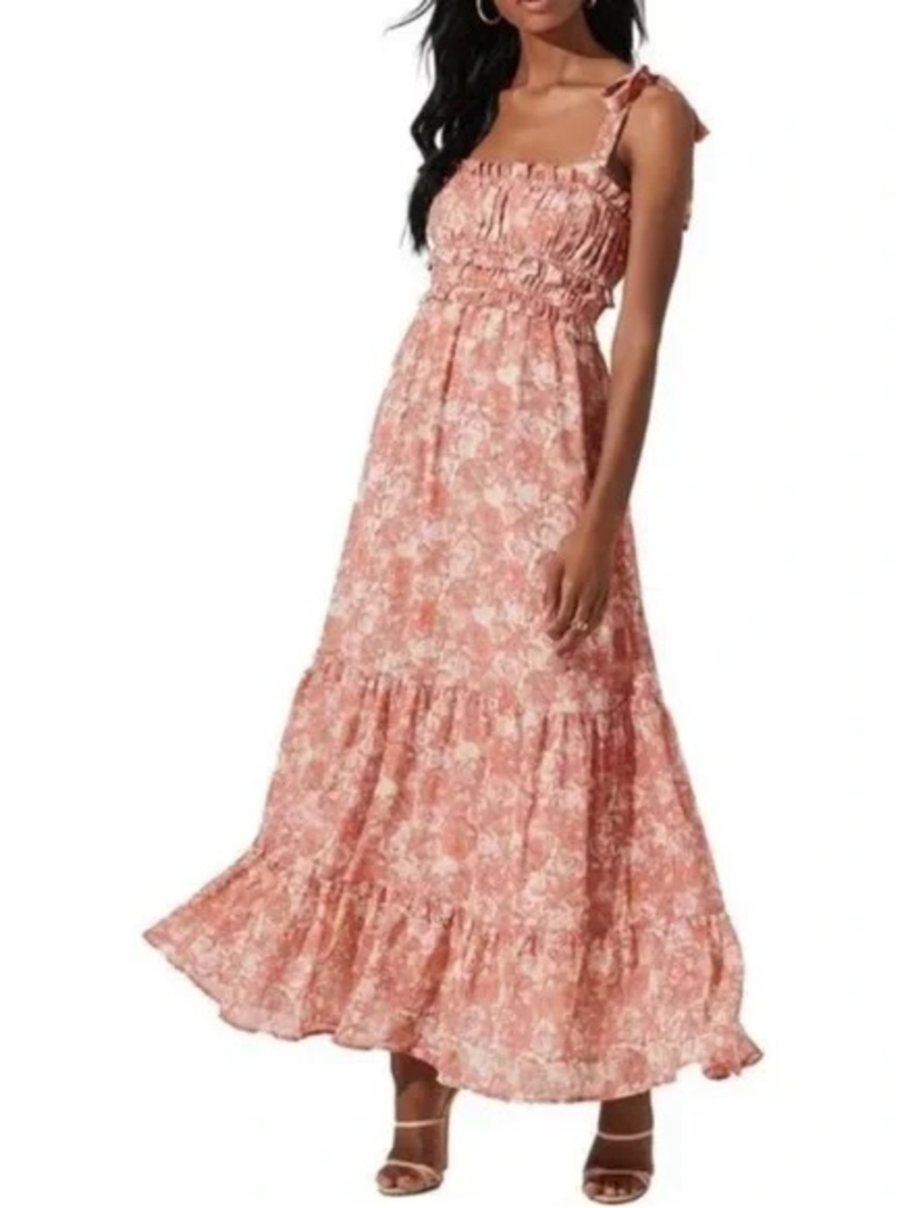 Astr Floral Smocked Tie-Shoulder Maxi Dress in Dusty Coral